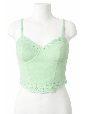 Colsie size 1X Corset Crop Top Green Ribbed Eyelet Lace-Up Tie-Back Adjustable